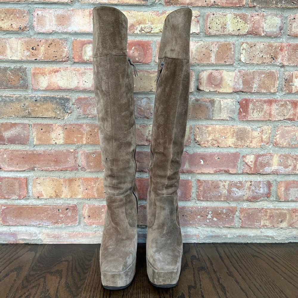Balenciaga Runway Tan Suede Platform Knee High Boots